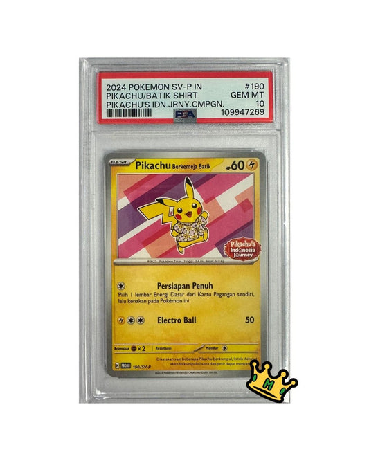 2024 POKEMON INDONESION SV-P PROMO #190 PIKACHU/BATIK SHIRT PIKACHU'S IDN.JRNY.CMPGN PSA 10