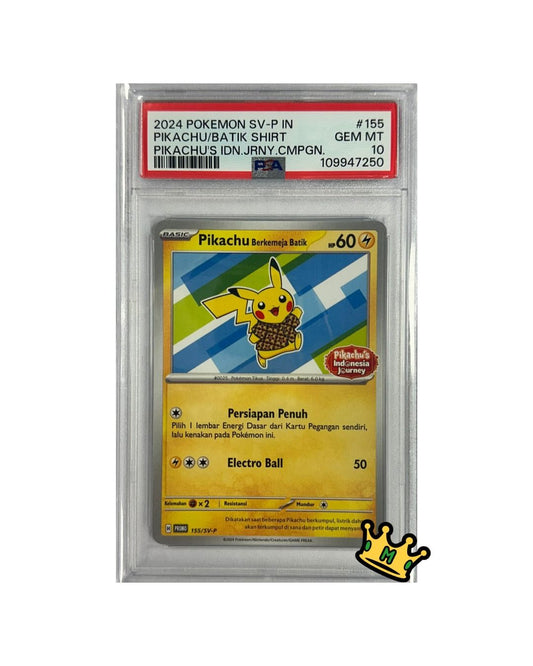 2024 POKEMON INDONESIAN SV-P PROMO #155 PIKACHU/BATIK SHIRT PIKACHU'S IDN.JRNY.CMPGN PSA 10