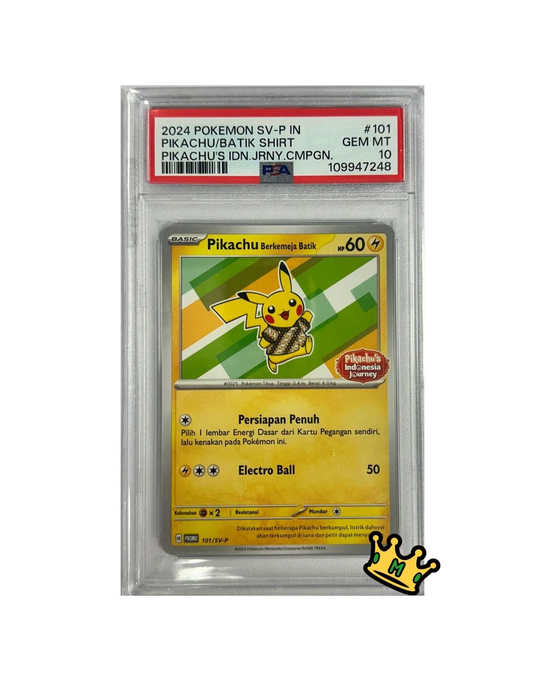 2024 POKEMON INDONESIAN SV-P PROMO #101 PIKACHU/BATIK SHIRT PIKACHU'S IDN.JRNY.CMPGN. PSA 10