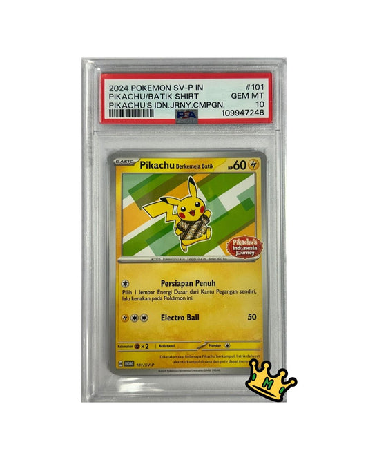 2024 POKEMON INDONESIAN SV-P PROMO #101 PIKACHU/BATIK SHIRT PIKACHU'S IDN.JRNY.CMPGN. PSA 10