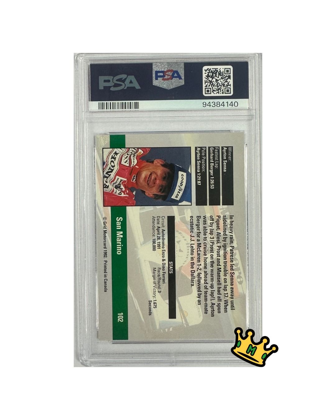 1992 GRID FORMULA ONE SAN MARINO GP #102 PSA 10